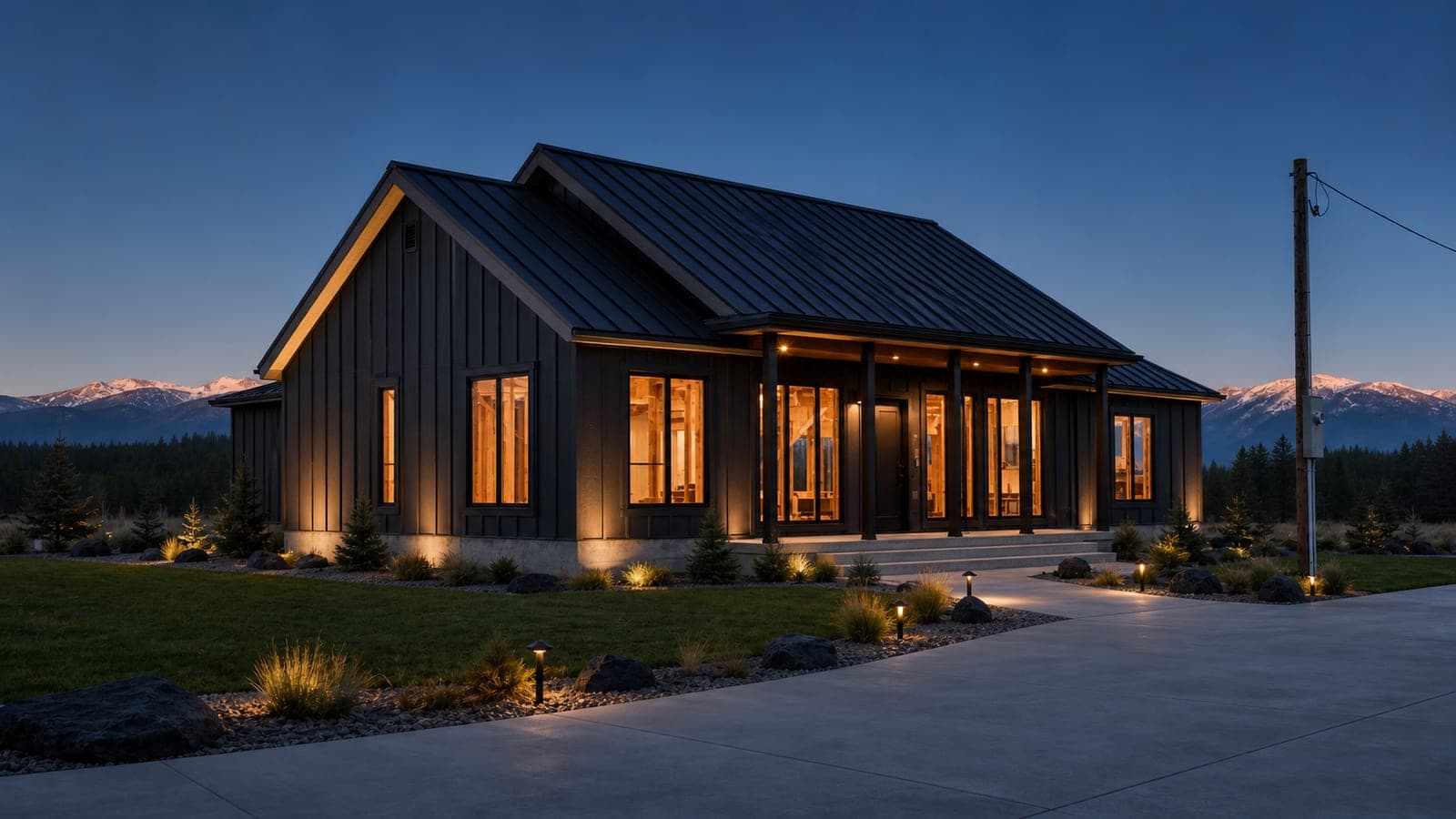 The same house finished at dusk: charcoal board-and-batten siding, black standing seam roof, covered porch, windows glowing warm, a broom-finished concrete driveway and landscape uplighting.