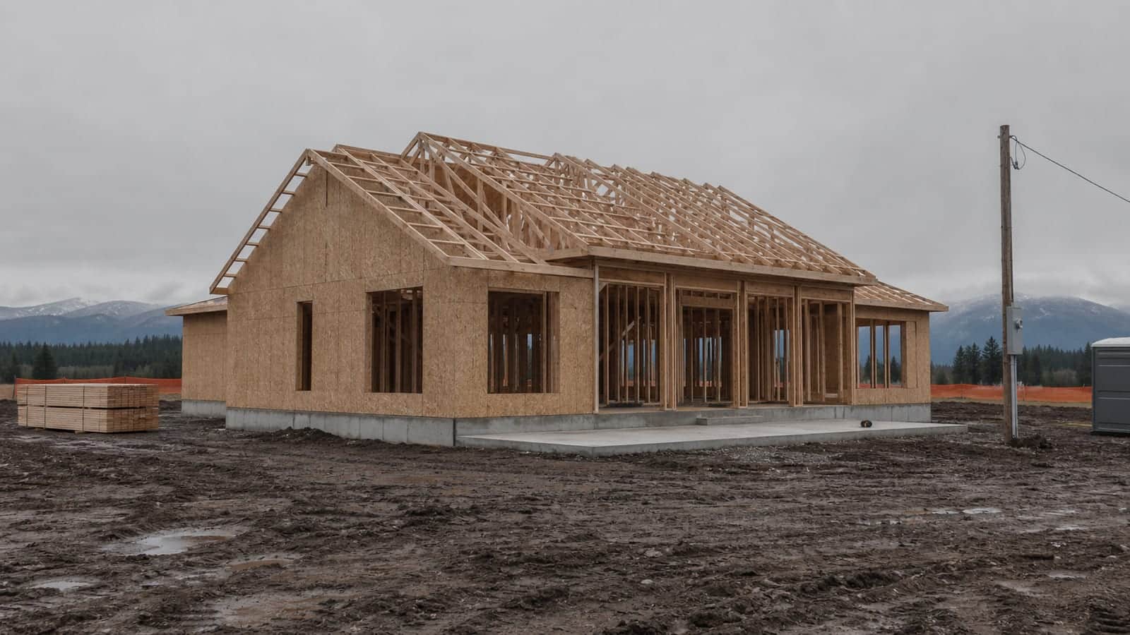 A new house at the framing stage on a bare Montana lot: stud walls, exposed roof trusses, plywood sheathing, a poured concrete foundation and slab, mud and silt fence, flat grey overcast light.