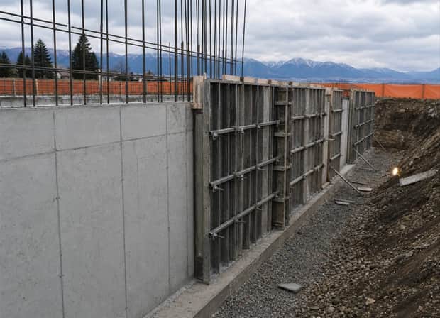 Formed poured concrete foundation walls with rebar and snap ties on an excavated Montana lot.