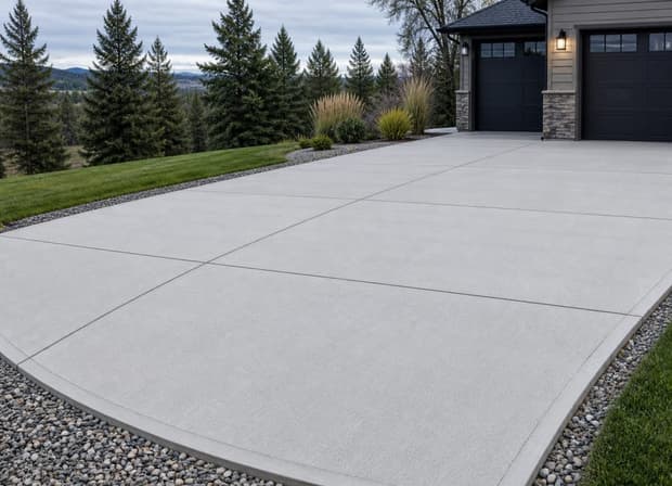 A freshly finished broom-textured concrete driveway with crisp control joints running toward a Montana treeline.