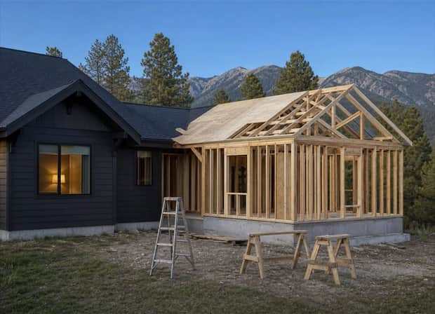 A new framed addition tying into an existing charcoal-sided Montana home on a clear afternoon.