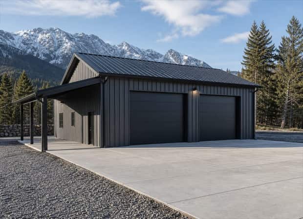 A newly built charcoal metal shop building with roll-up doors and a fresh concrete apron on a rural Montana property.