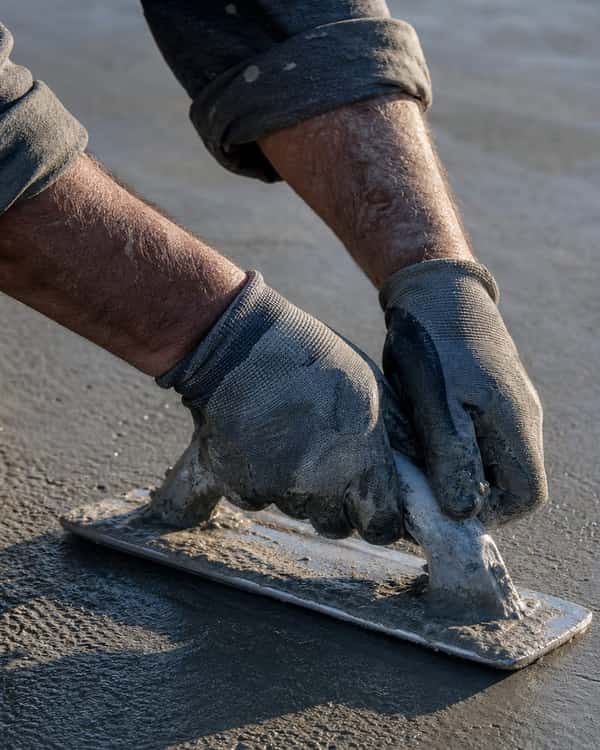 A concrete finisher's gloved hands working a steel float across the surface of wet concrete in early morning side light.