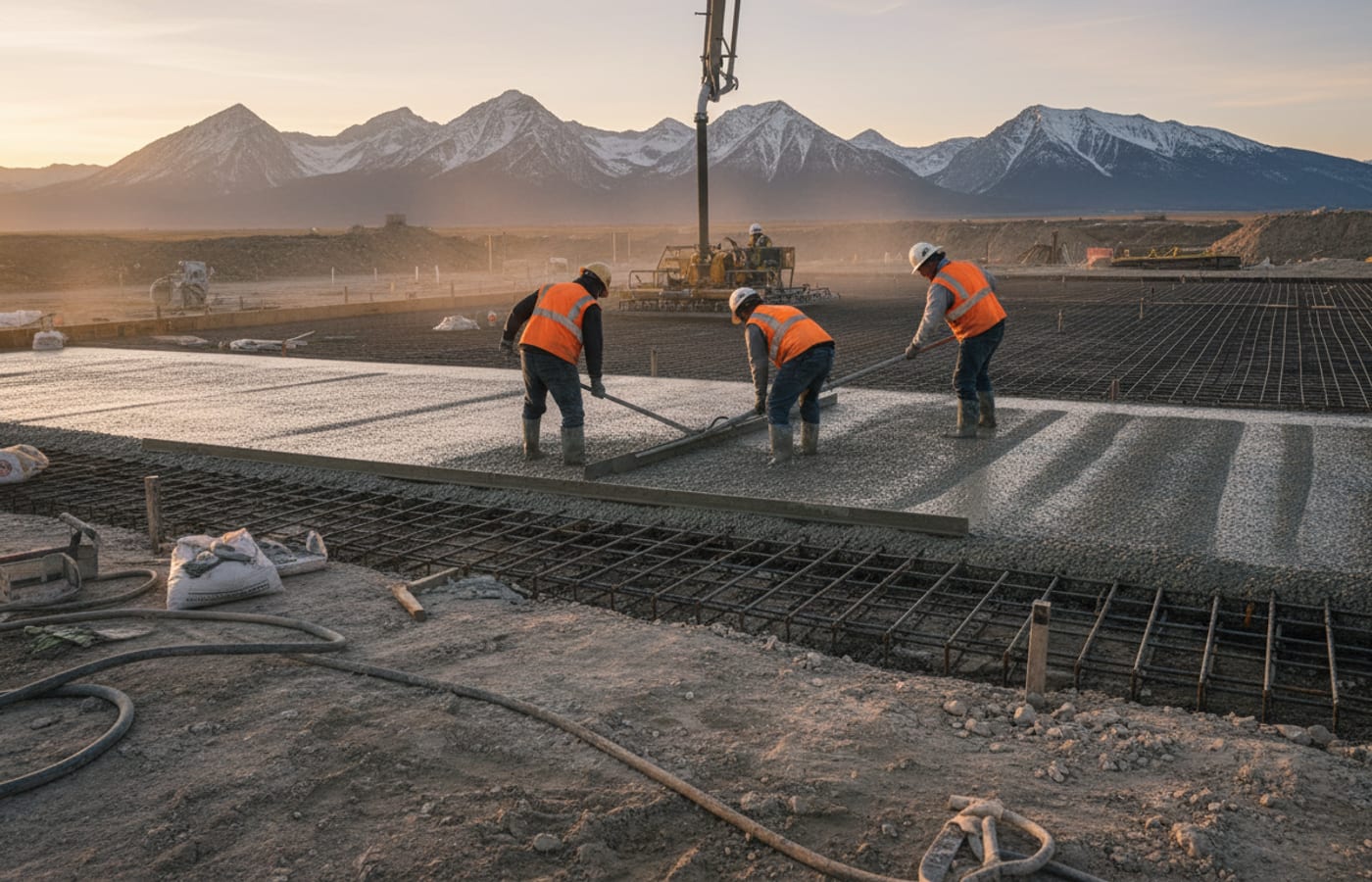 A commercial concrete slab being poured from a pump boom, three workers screeding wet concrete across a rebar mat at first light.