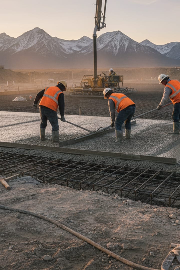 A commercial concrete slab being poured from a pump boom, three workers screeding wet concrete across a rebar mat at first light.