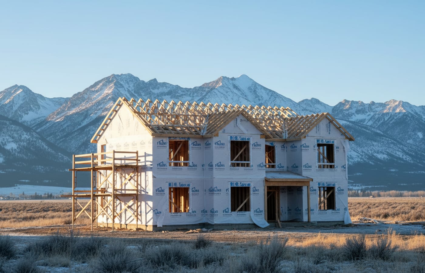 A newly framed two storey custom house with exposed stud walls and roof trusses, snow-dusted mountains behind.