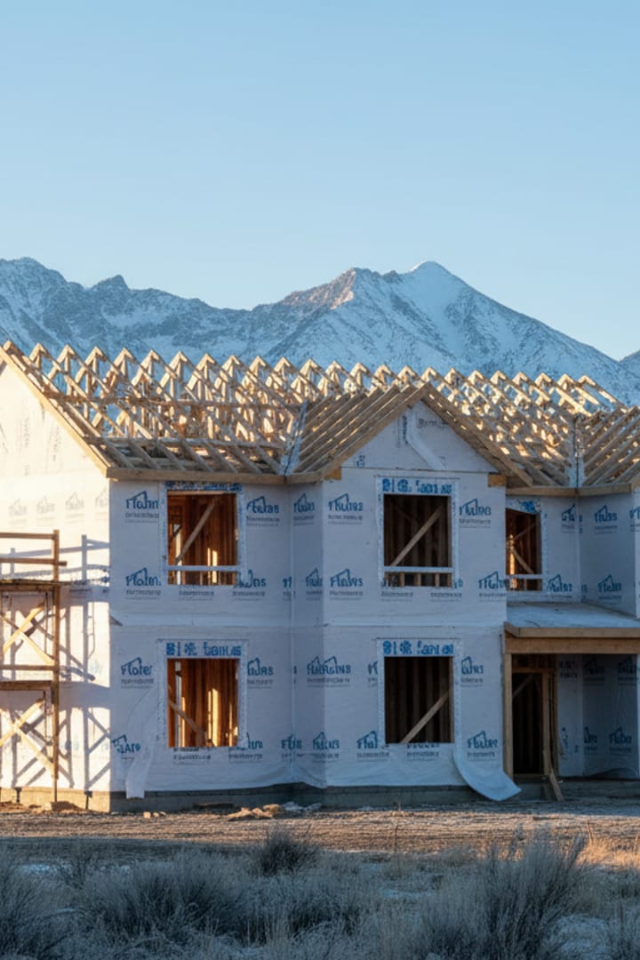 A newly framed two storey custom house with exposed stud walls and roof trusses, snow-dusted mountains behind.