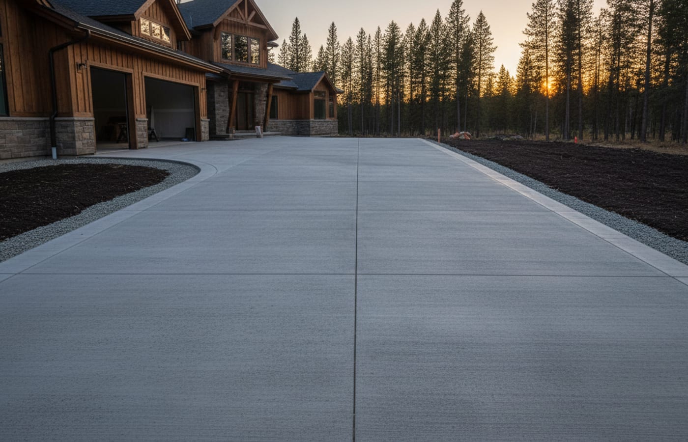 A finished broom-textured concrete driveway with crisp saw-cut control joints running toward a garage.