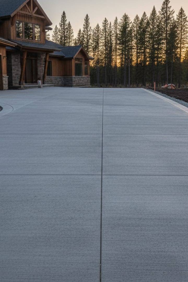 A finished broom-textured concrete driveway with crisp saw-cut control joints running toward a garage.