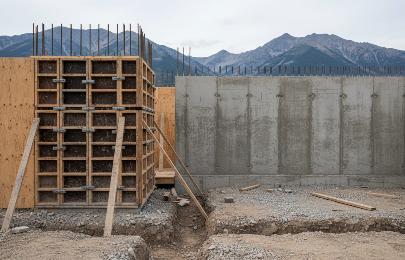 Formed and poured concrete foundation walls with snap ties and rebar on an excavated lot, plywood forms still standing on one side.