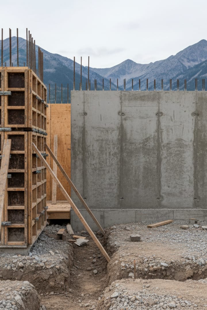 Formed and poured concrete foundation walls with snap ties and rebar on an excavated lot, plywood forms still standing on one side.