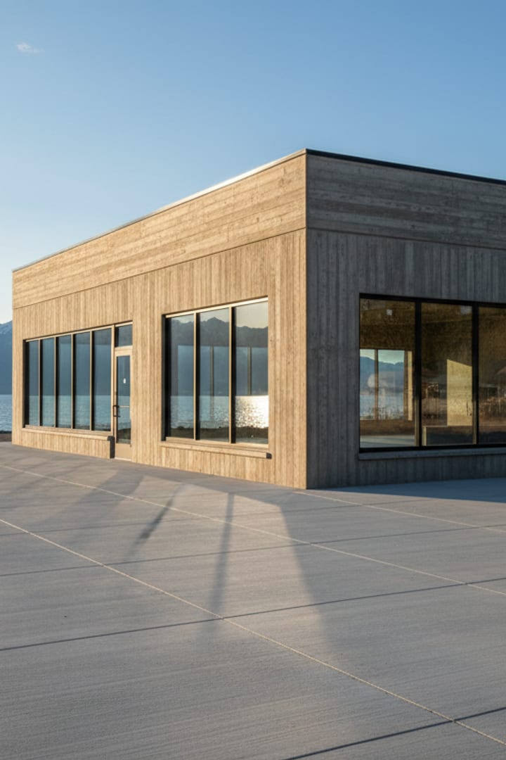 A low waterfront restaurant building with board-formed concrete walls, tall windows facing the lake, and a wide broom-finished concrete terrace.