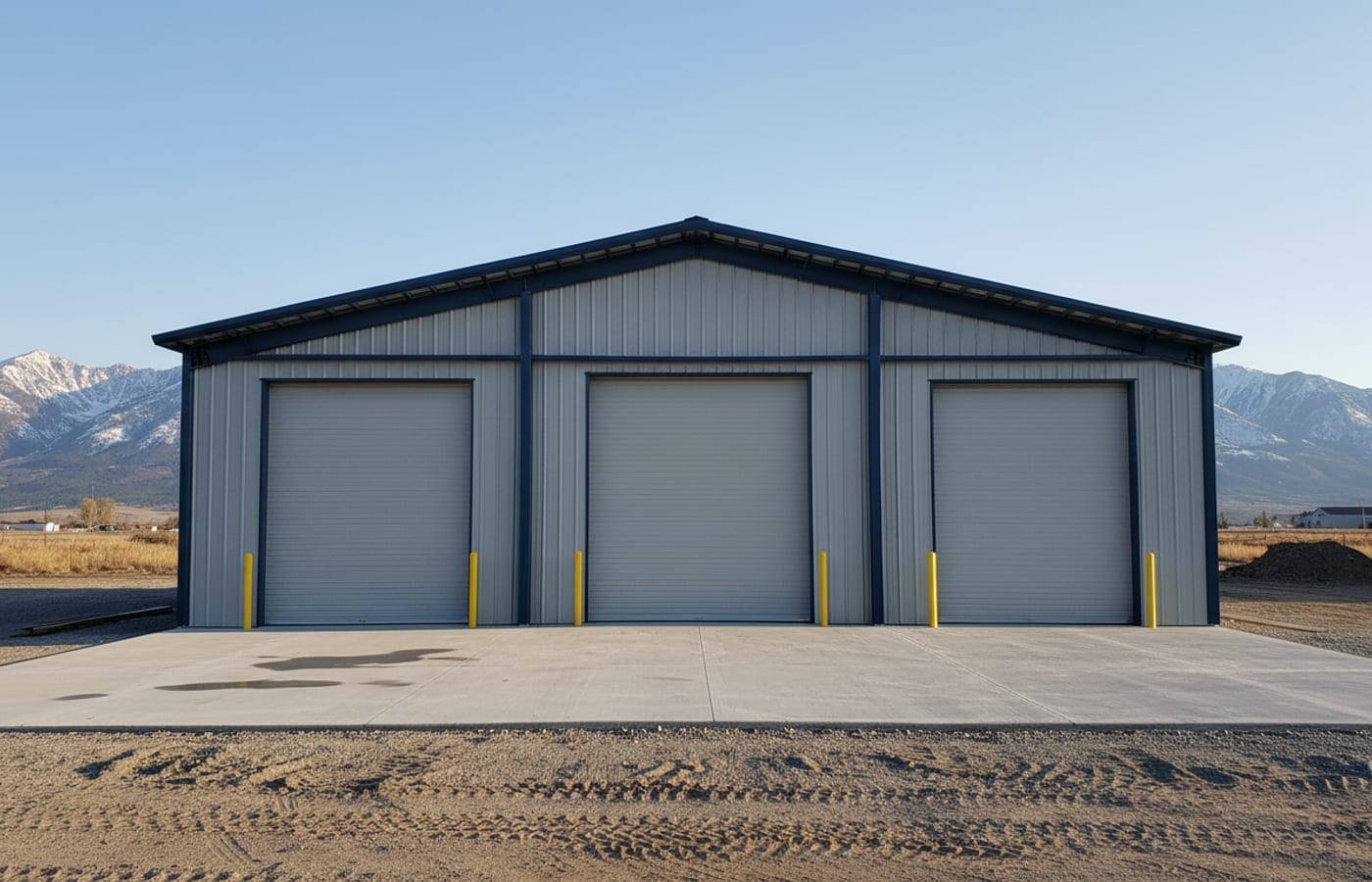 A completed steel-framed commercial shop building with roll-up doors and a fresh wide concrete apron.