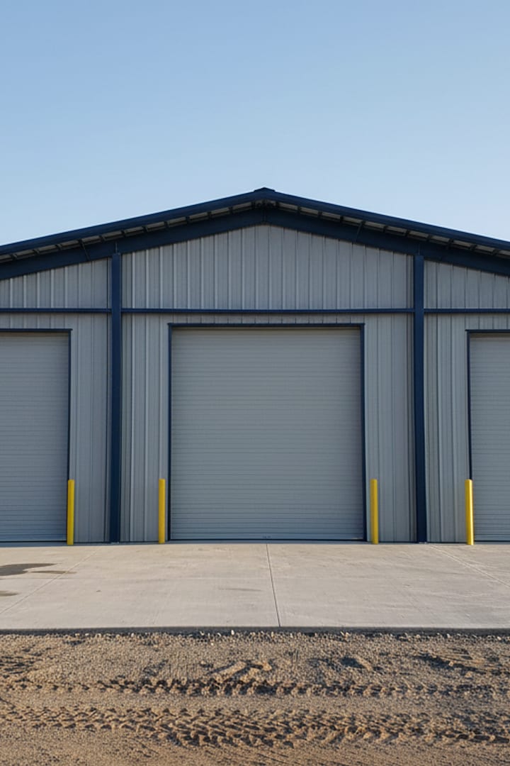 A completed steel-framed commercial shop building with roll-up doors and a fresh wide concrete apron.