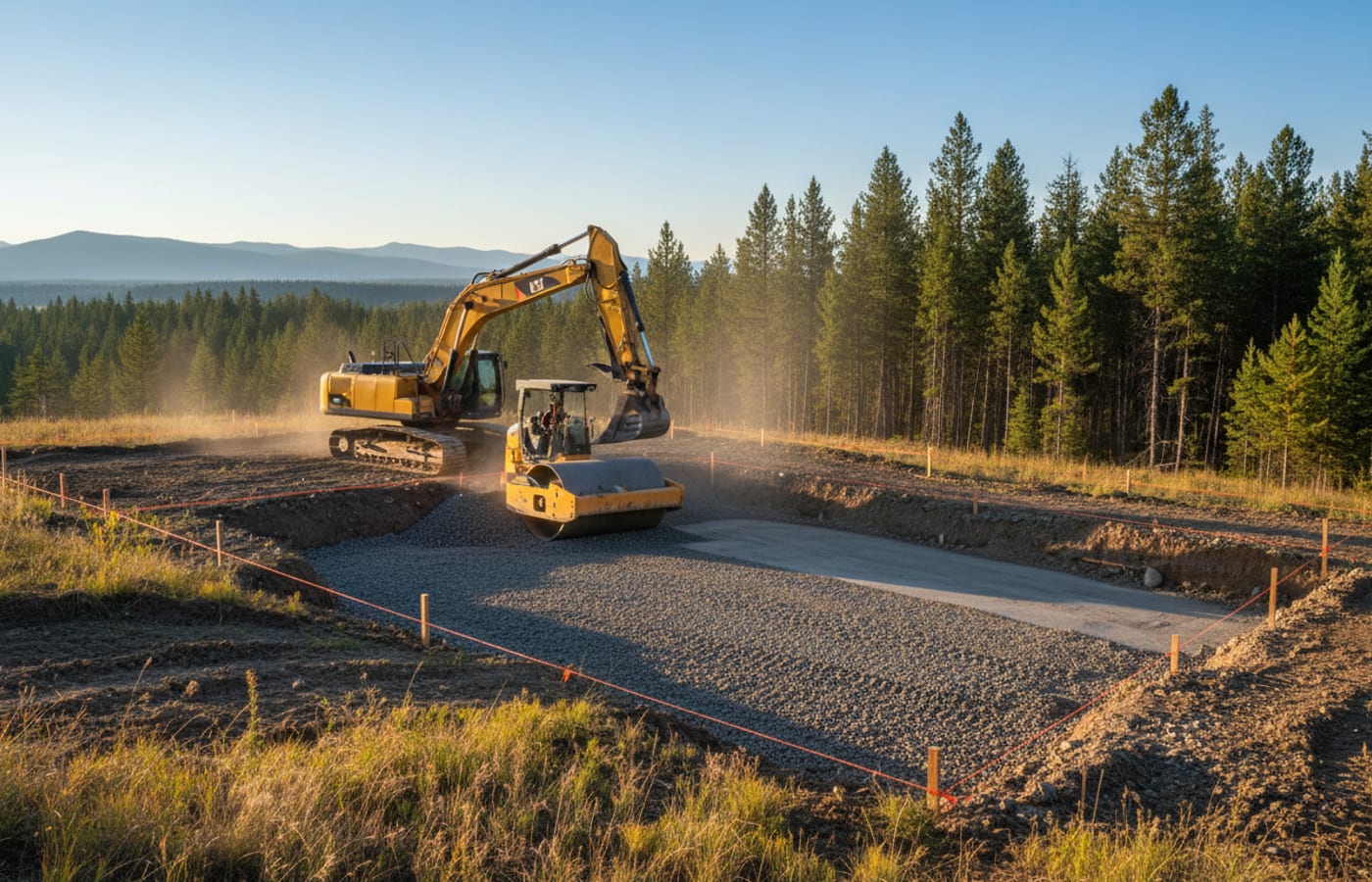A tracked excavator cutting a building pad, gravel base being spread and compacted, grade stakes and string lines in the foreground.