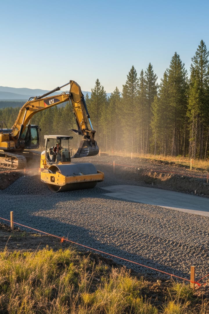 A tracked excavator cutting a building pad, gravel base being spread and compacted, grade stakes and string lines in the foreground.