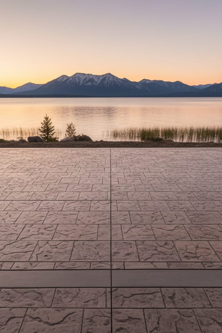 A finished stamped and coloured concrete patio in an ashlar slate pattern with a clean border band, lake and mountains beyond.