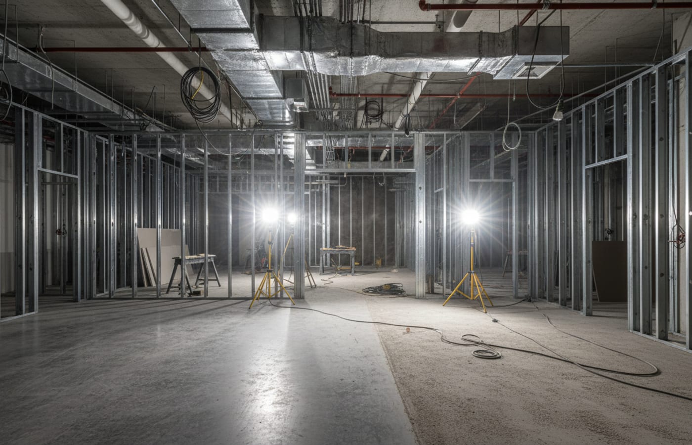 A commercial interior under construction, polished concrete floor half finished, metal stud partitions framed, exposed ductwork above.