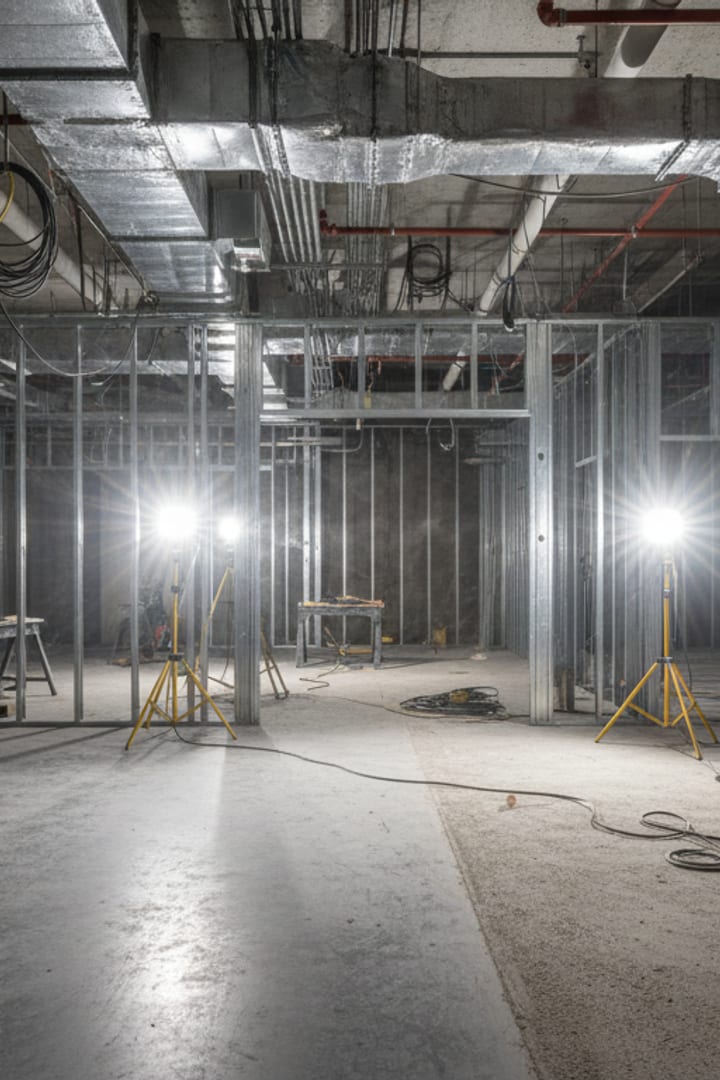 A commercial interior under construction, polished concrete floor half finished, metal stud partitions framed, exposed ductwork above.